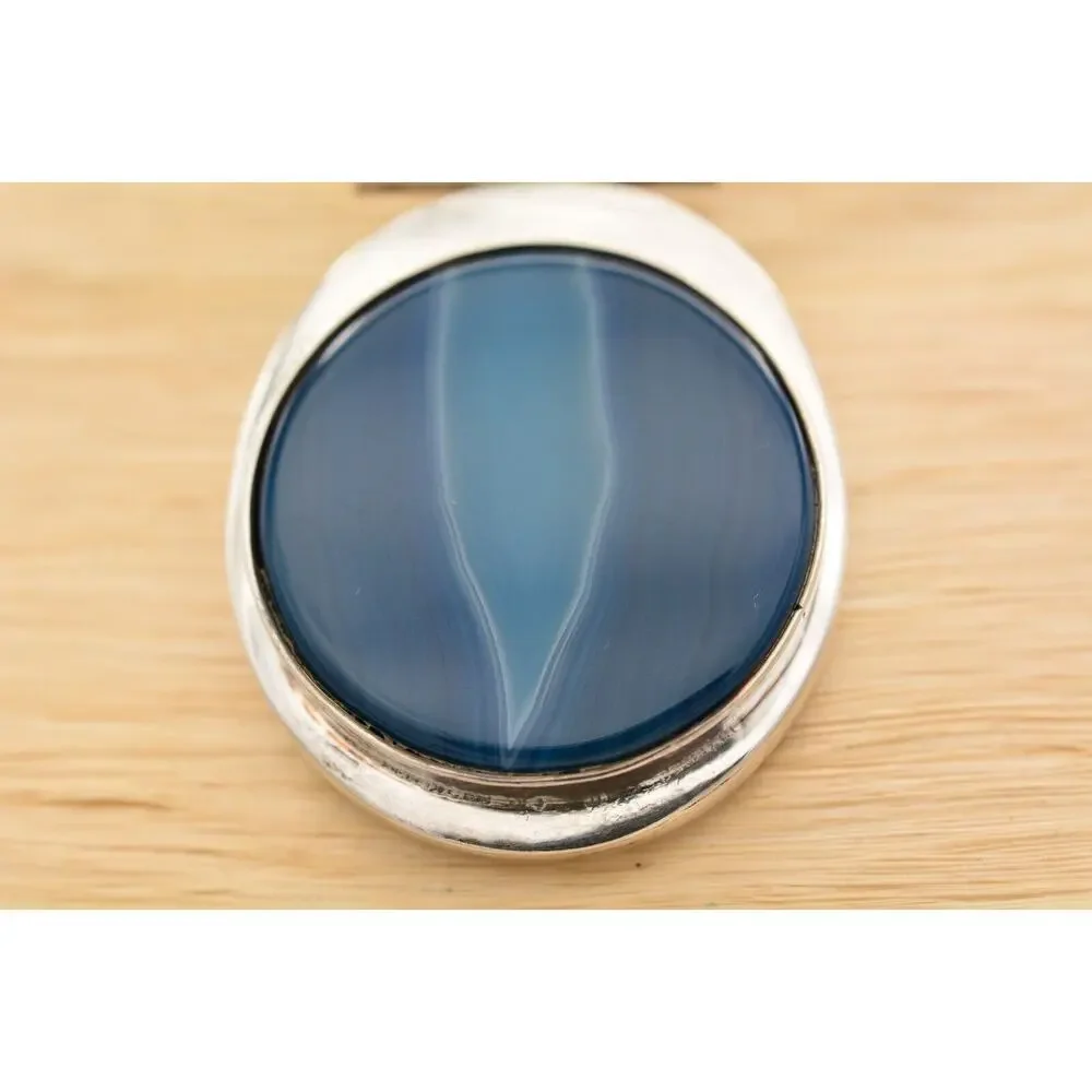 Vintage 925 Gemstone Necklace Blue Marbled Bezel Cabochon Sterling Silver Boho